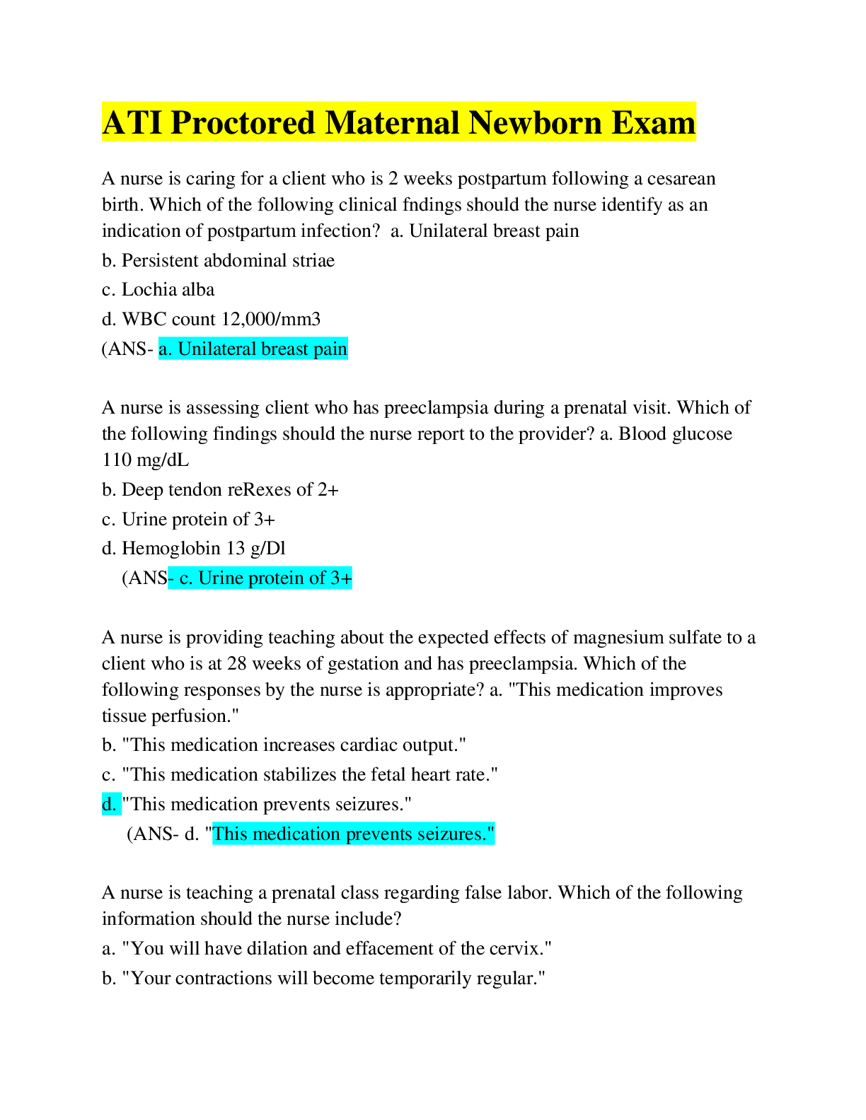 ATI Proctored Maternal Newborn Exam /Latest 20222023/ Graded A+